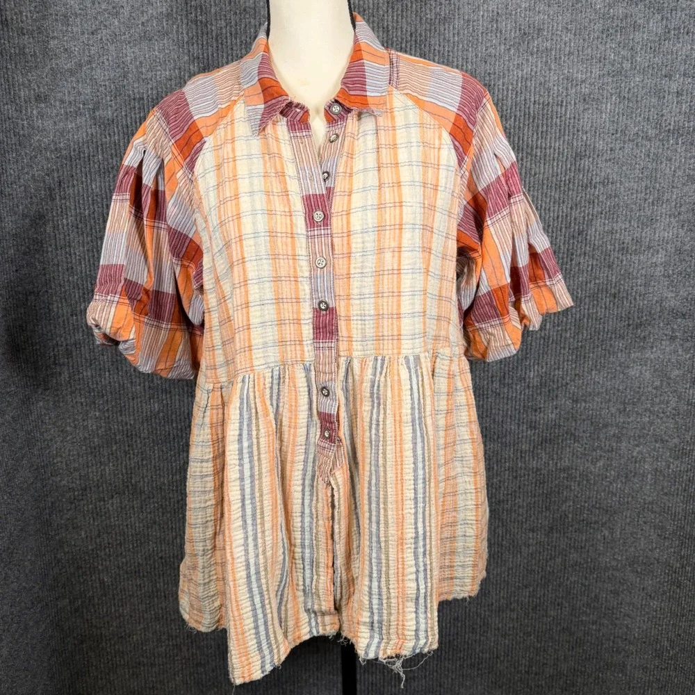 We The Free Plaid Oversized Babydoll Tunic Top S Pockets Puff Gauze Boho Western